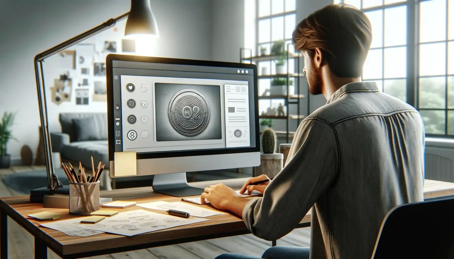 A designer sitting at a modern desk and working on optimizing the design of a coin recognition app.