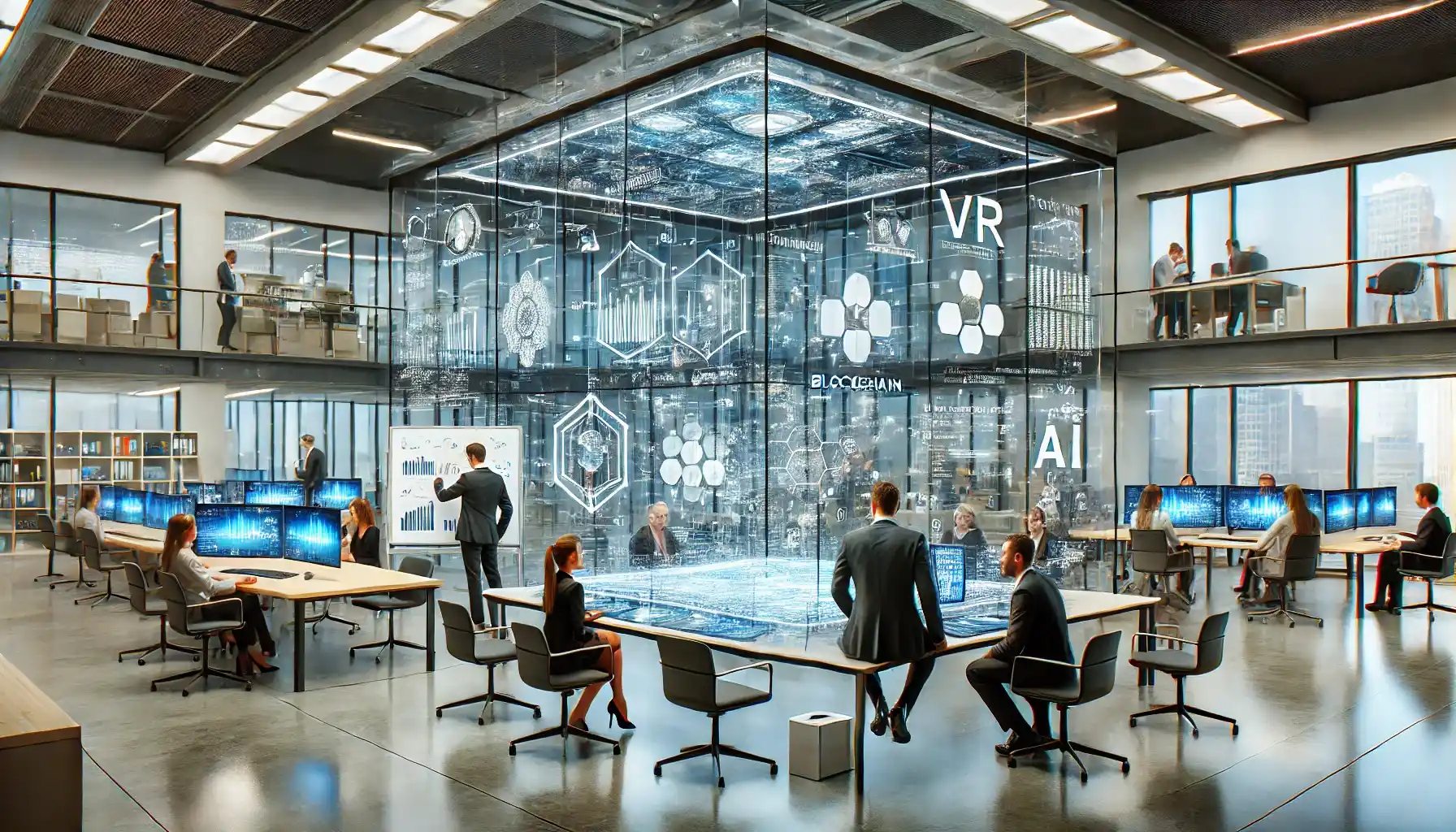 a high-tech, collaborative office environment with a team of professionals actively engaged in discussion around advanced technology concepts like VR, blockchain, and AI.
