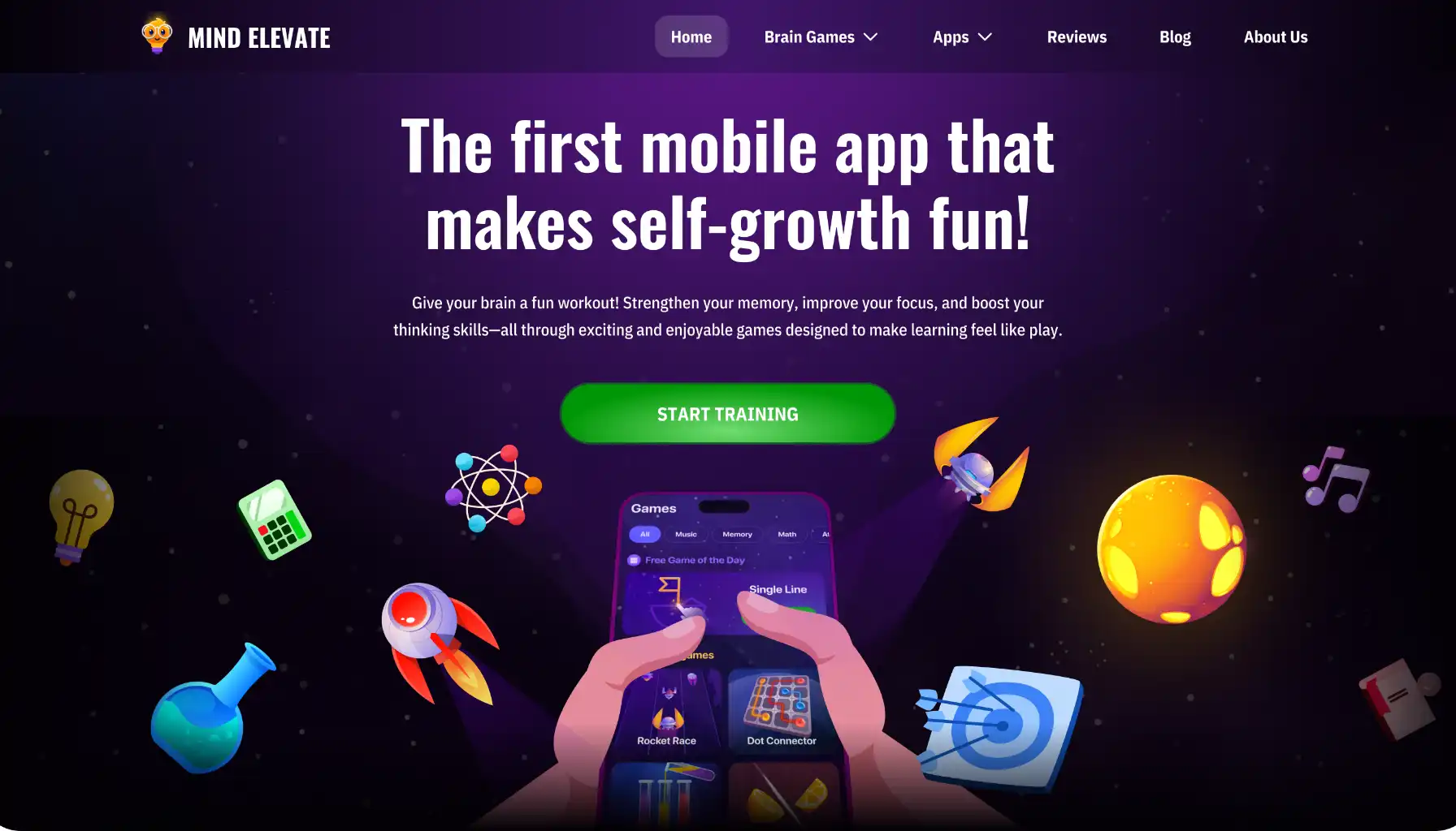 A screenshot from the Mind Elevate app’s page with the words “The first mobile app that makes self-growth fun!”