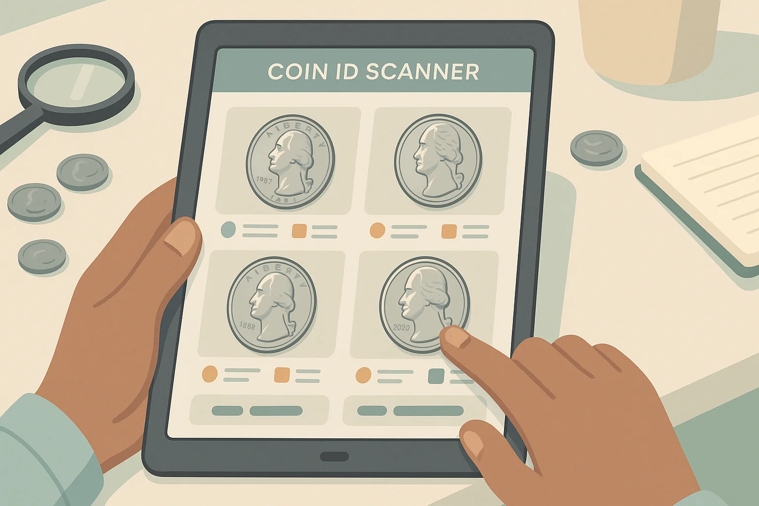 A collection of quarters displayed on the iPad screen.