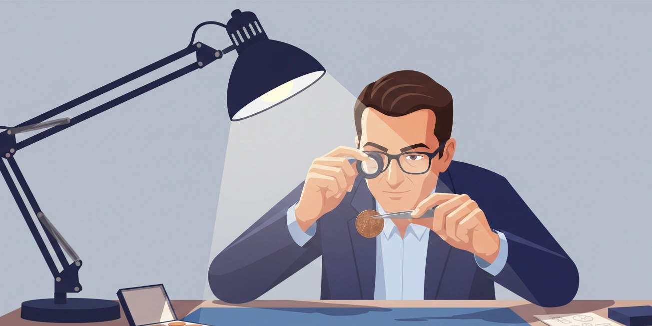 A coin dealer examining the reverse of a 1999 Wide AM Lincoln penny under a bright lamp