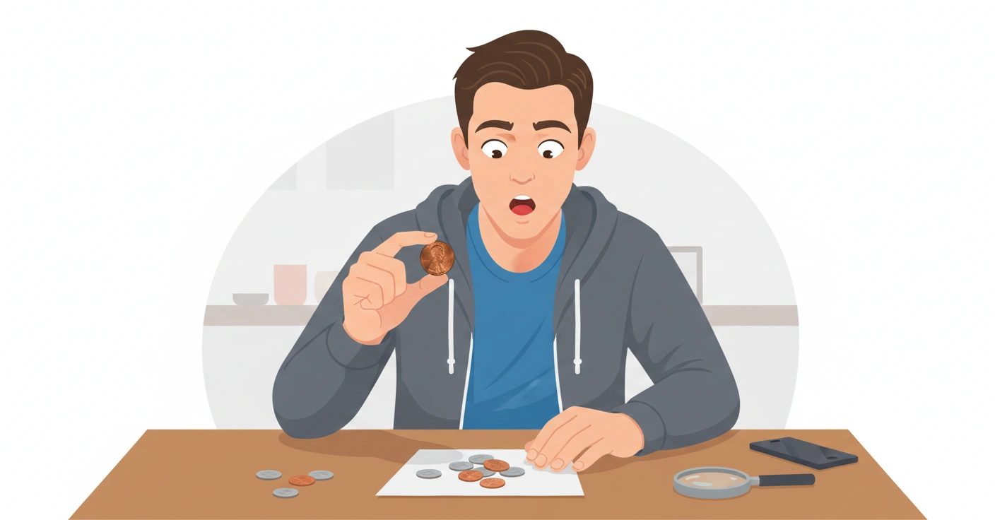 A collector discovering a potential 1999 Wide AM penny in pocket change, surprised expression