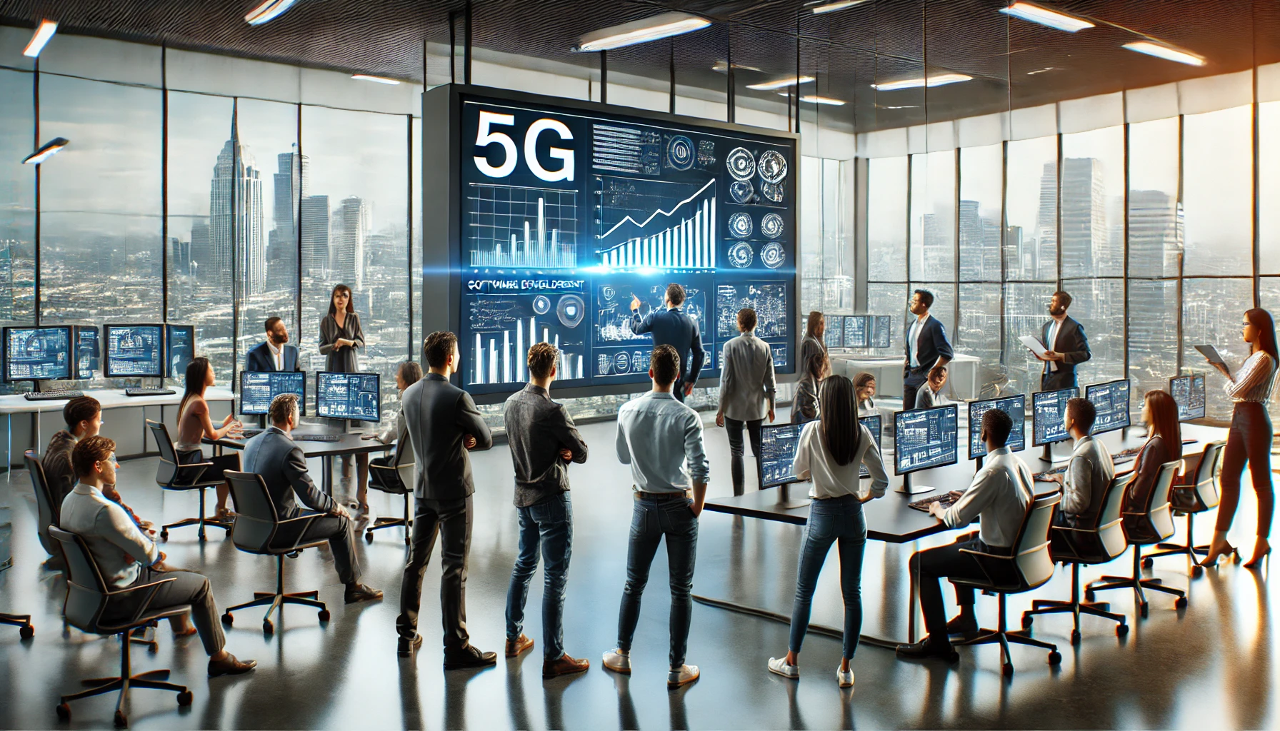 a modern, high-tech office with a diverse group of developers gathered around a large digital screen displaying dynamic graphs and data
