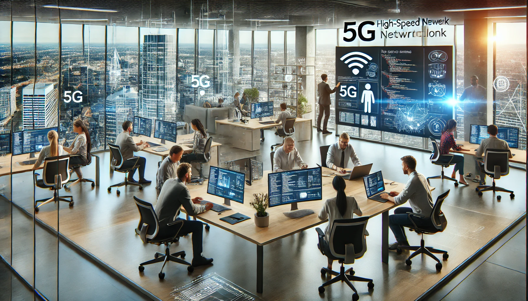 a modern, high-tech office setting with developers using advanced technology and 5G infrastructure