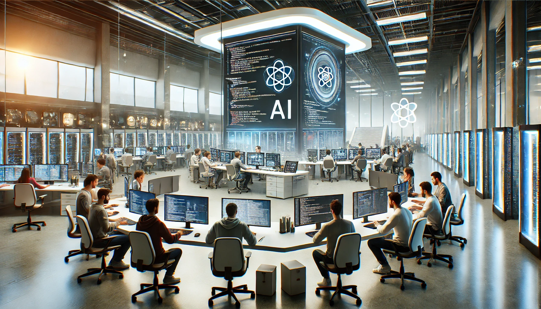 A modern, high-tech software development environment illustrating the integration of AI and Machine Learning in software development