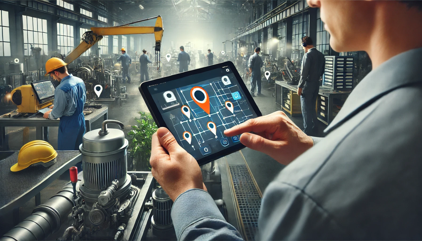 A field service technician using a tablet with a location tracking technology in an industrial setting.